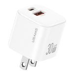 USAMS CC270 30W GaN Mini Dual Port Fast Charger USB-A + Type-C Power Adapter, US Plug