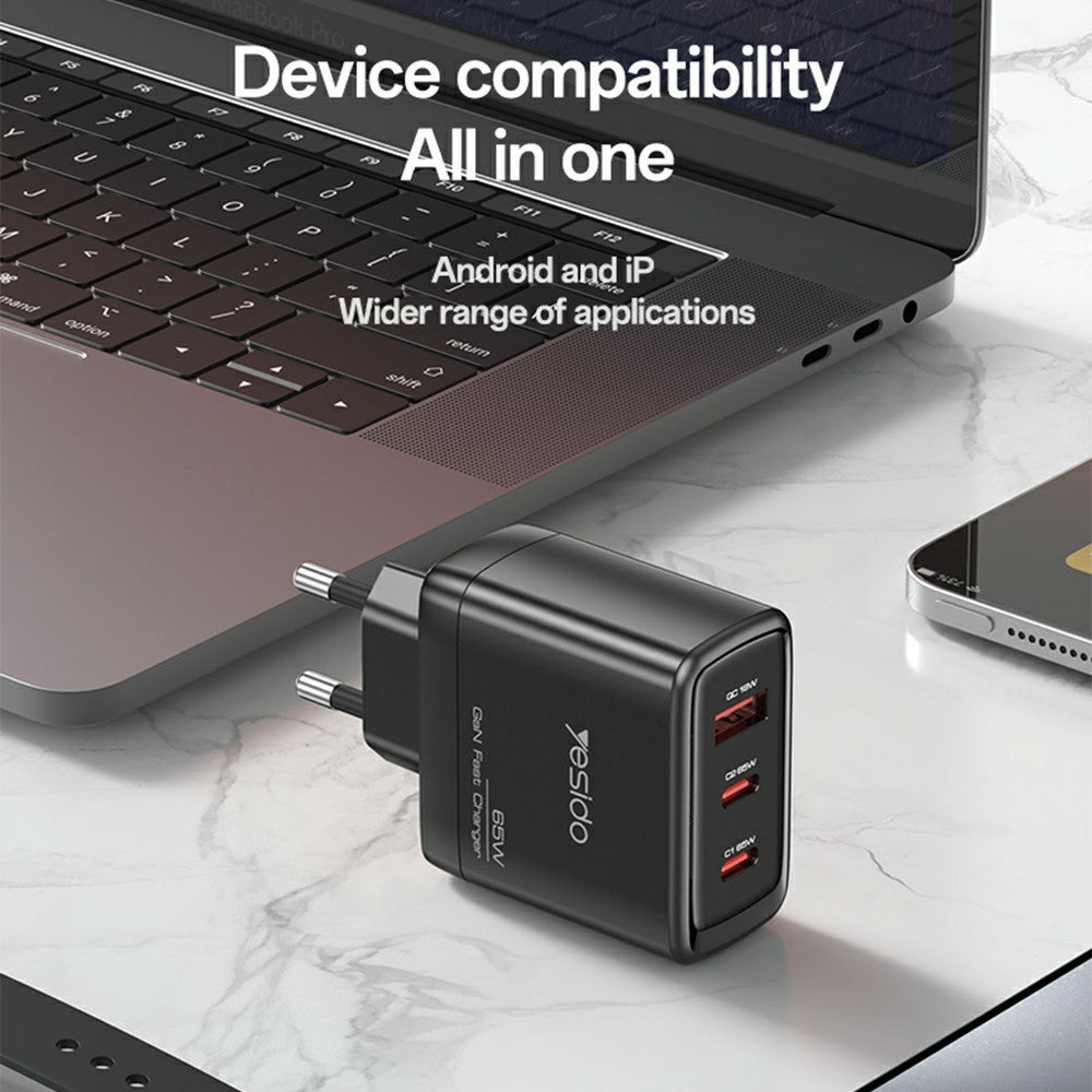 YESIDO YC144 EU Stik 65W GaN Oplader 2 USB C + 1 USB A Hurtigopladningsadapter Multi-protokol Kompatibel