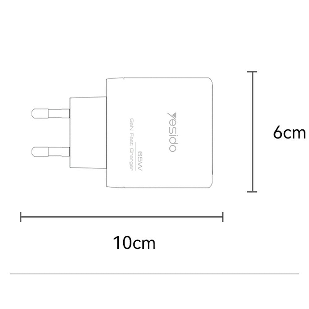 YESIDO YC144 EU Stik 65W GaN Oplader 2 USB C + 1 USB A Hurtigopladningsadapter Multi-protokol Kompatibel
