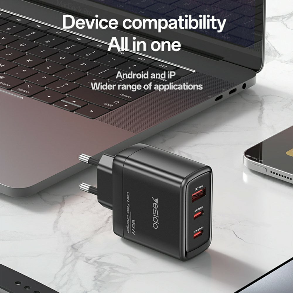 YESIDO YC144C EU Plug 65W GaN Charger 2 USB C + 1 USB A Fast Charging Adapter Multi-Protocol Compatible, with 1.2m Type C Cable