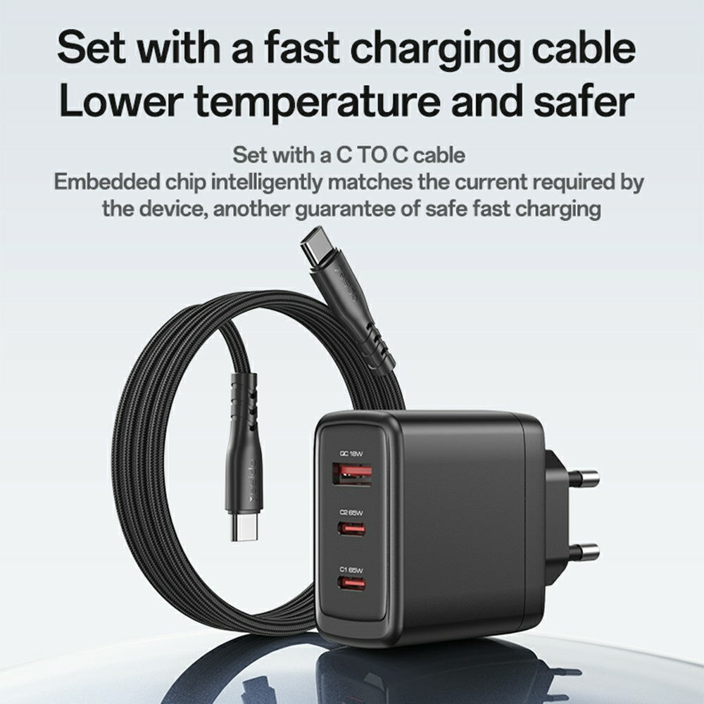 YESIDO YC144C EU Plug 65W GaN Charger 2 USB C + 1 USB A Fast Charging Adapter Multi-Protocol Compatible, with 1.2m Type C Cable