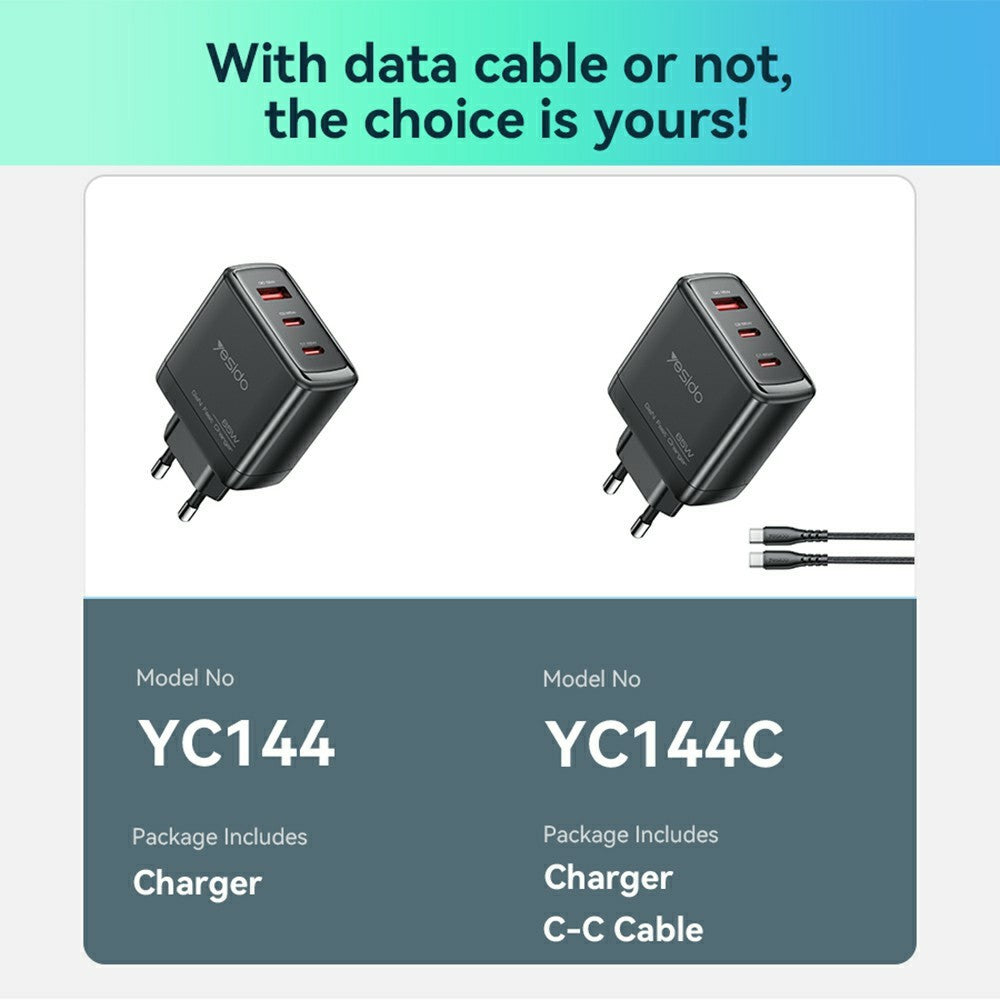 YESIDO YC144C EU Plug 65W GaN Charger 2 USB C + 1 USB A Fast Charging Adapter Multi-Protocol Compatible, with 1.2m Type C Cable