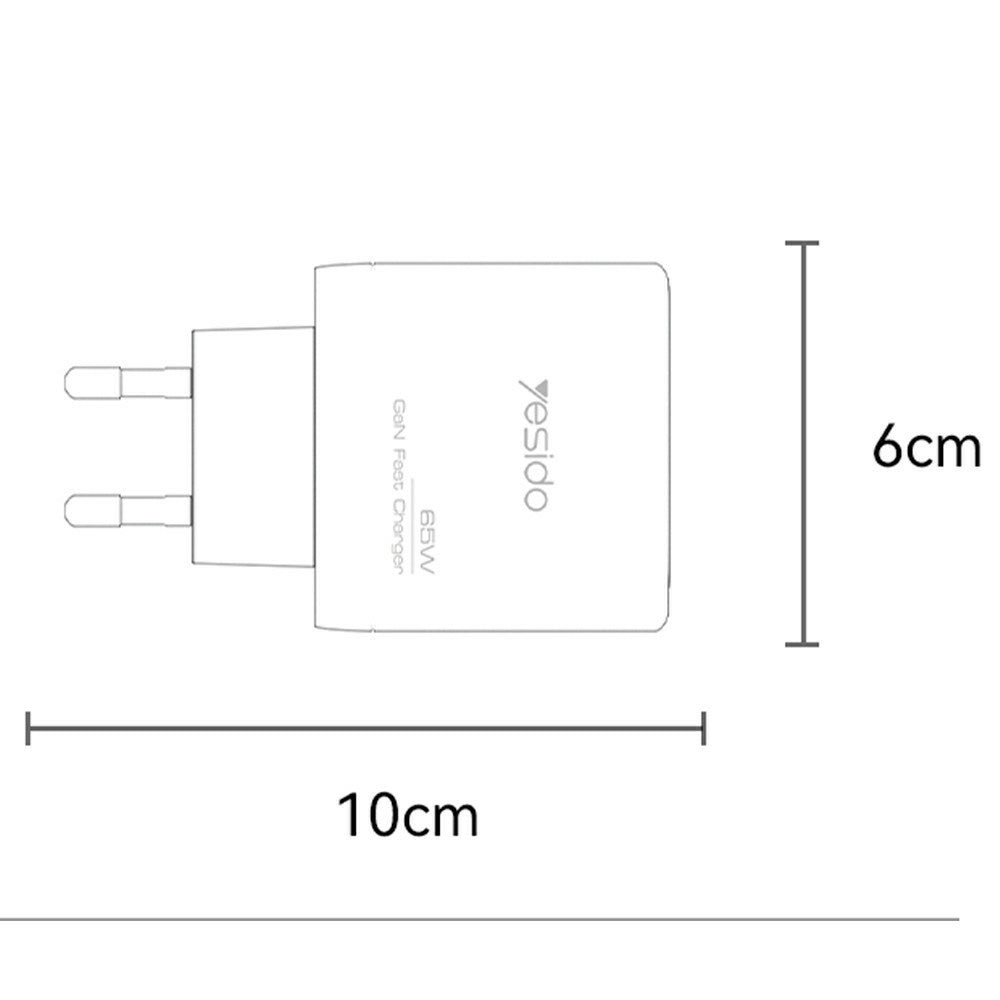 YESIDO YC144C EU-kontakt 65W GaN-laddare 2 USB C + 1 USB A snabbladdningsadapter multiprotokollkompatibel, med 1,2 m Typ C-kabel