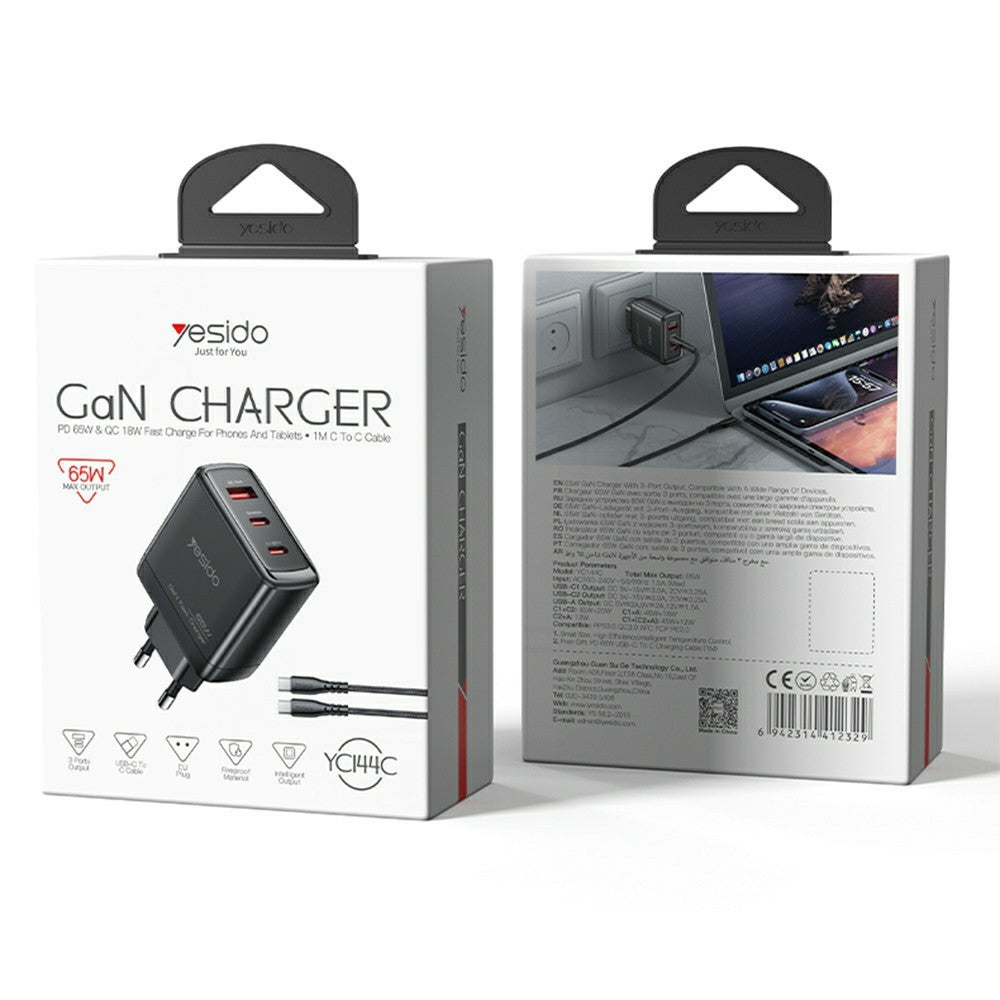 YESIDO YC144C EU Plug 65W GaN Charger 2 USB C + 1 USB A Fast Charging Adapter Multi-Protocol Compatible, with 1.2m Type C Cable