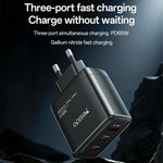 YESIDO YC144C EU-kontakt 65W GaN-laddare 2 USB C + 1 USB A snabbladdningsadapter multiprotokollkompatibel, med 1,2 m Typ C-kabel