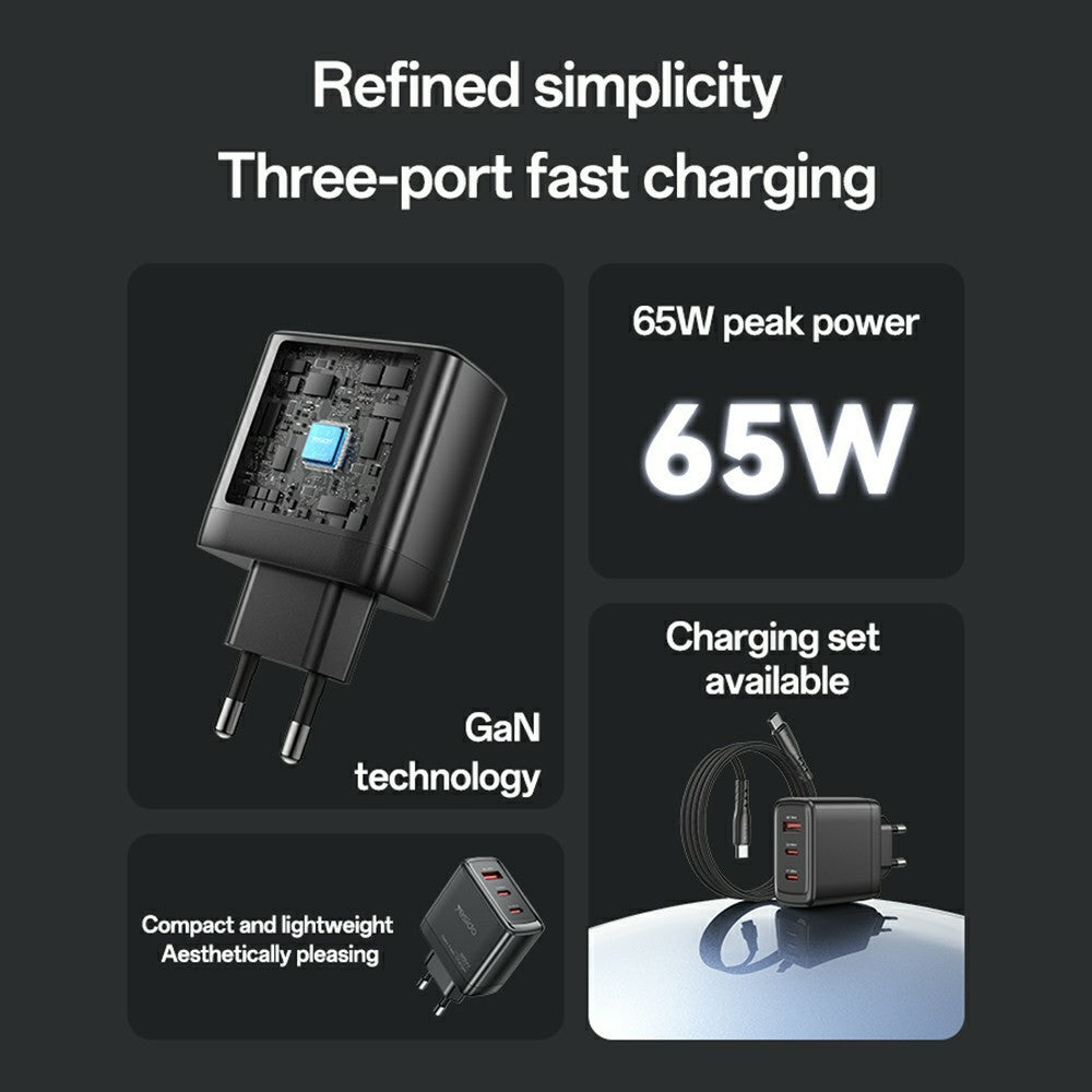 YESIDO YC144C EU Plug 65W GaN Charger 2 USB C + 1 USB A Fast Charging Adapter Multi-Protocol Compatible, with 1.2m Type C Cable