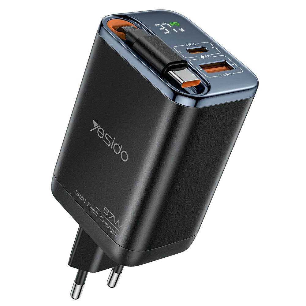 YESIDO YC100 EU Stik 67W GaN Oplader med 65 cm Udtrækkeligt Type-C Kabel Digitalt Display Hurtig Opladningsadapter