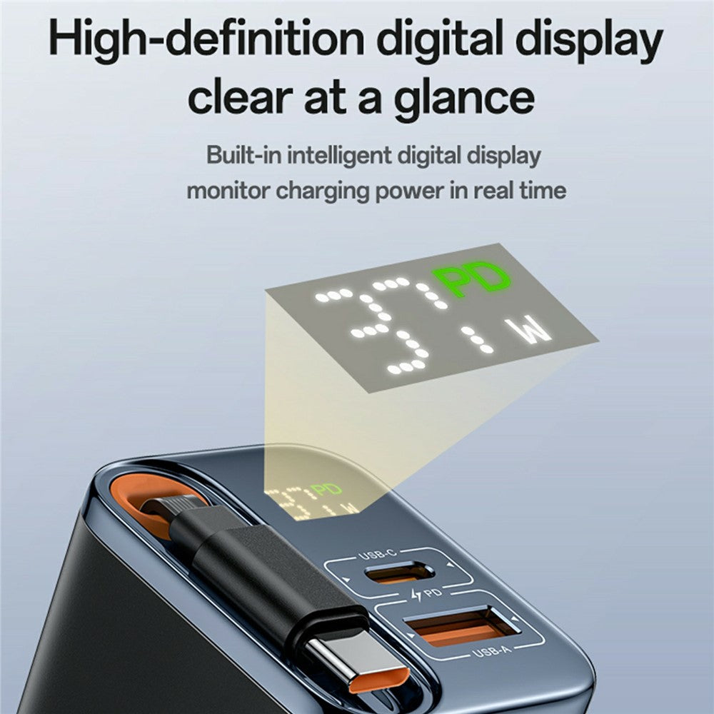 YESIDO YC100 EU Stik 67W GaN Oplader med 65 cm Udtrækkeligt Type-C Kabel Digitalt Display Hurtig Opladningsadapter