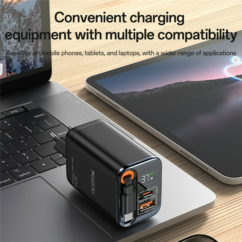 YESIDO YC100 EU Stik 67W GaN Oplader med 65 cm Udtrækkeligt Type-C Kabel Digitalt Display Hurtig Opladningsadapter