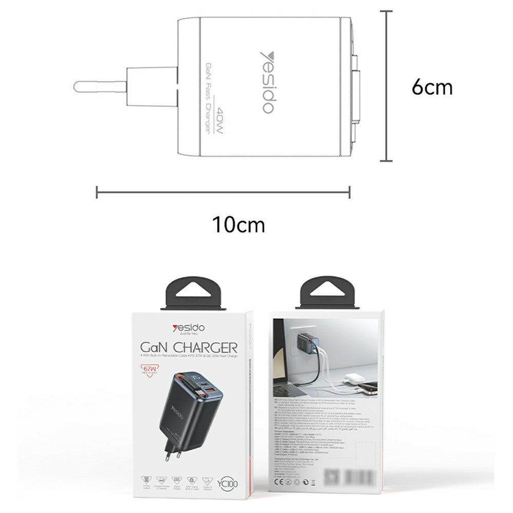 YESIDO YC100 EU Stik 67W GaN Oplader med 65 cm Udtrækkeligt Type-C Kabel Digitalt Display Hurtig Opladningsadapter