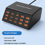 HW15 15 Multi-Port USB Charger Station PD 100W Fast Charge Adapter with Digital Display for Phone / Tablet