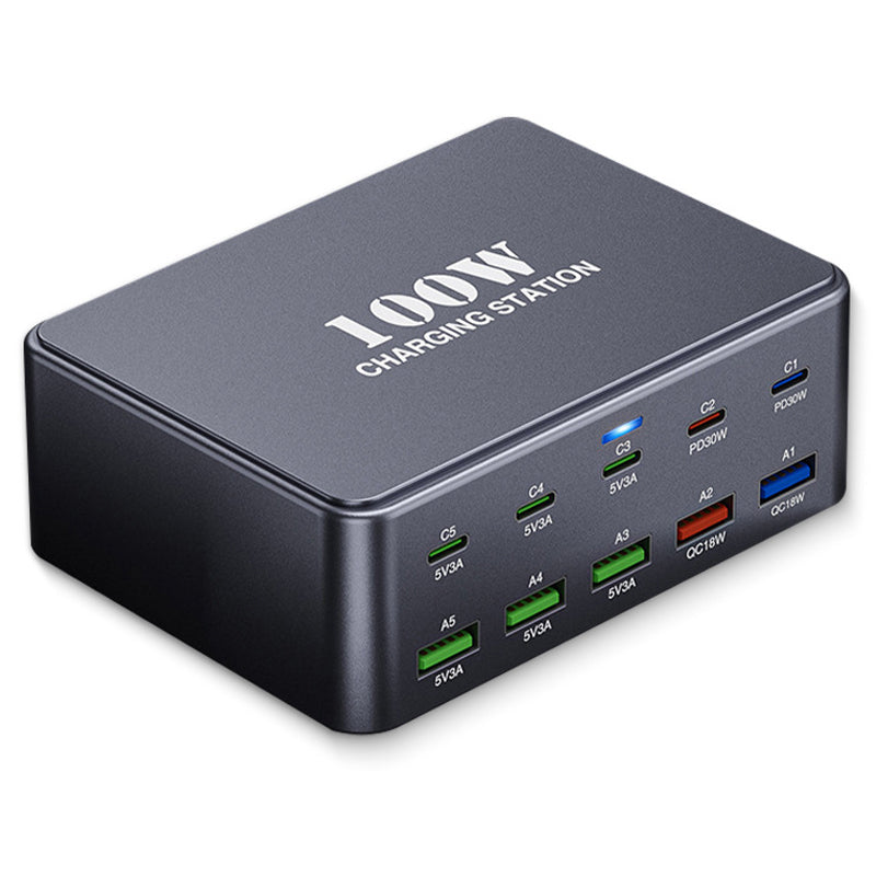 HW33 Multi-Port PD 100W Hurtigopladningsblok USB-C Opladningsstation til Telefoner/Bærbare Computere Rejse/Kontor