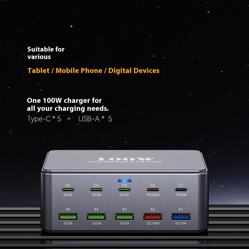 HW33 Multi-Port PD 100W Hurtigopladningsblok USB-C Opladningsstation til Telefoner/Bærbare Computere Rejse/Kontor