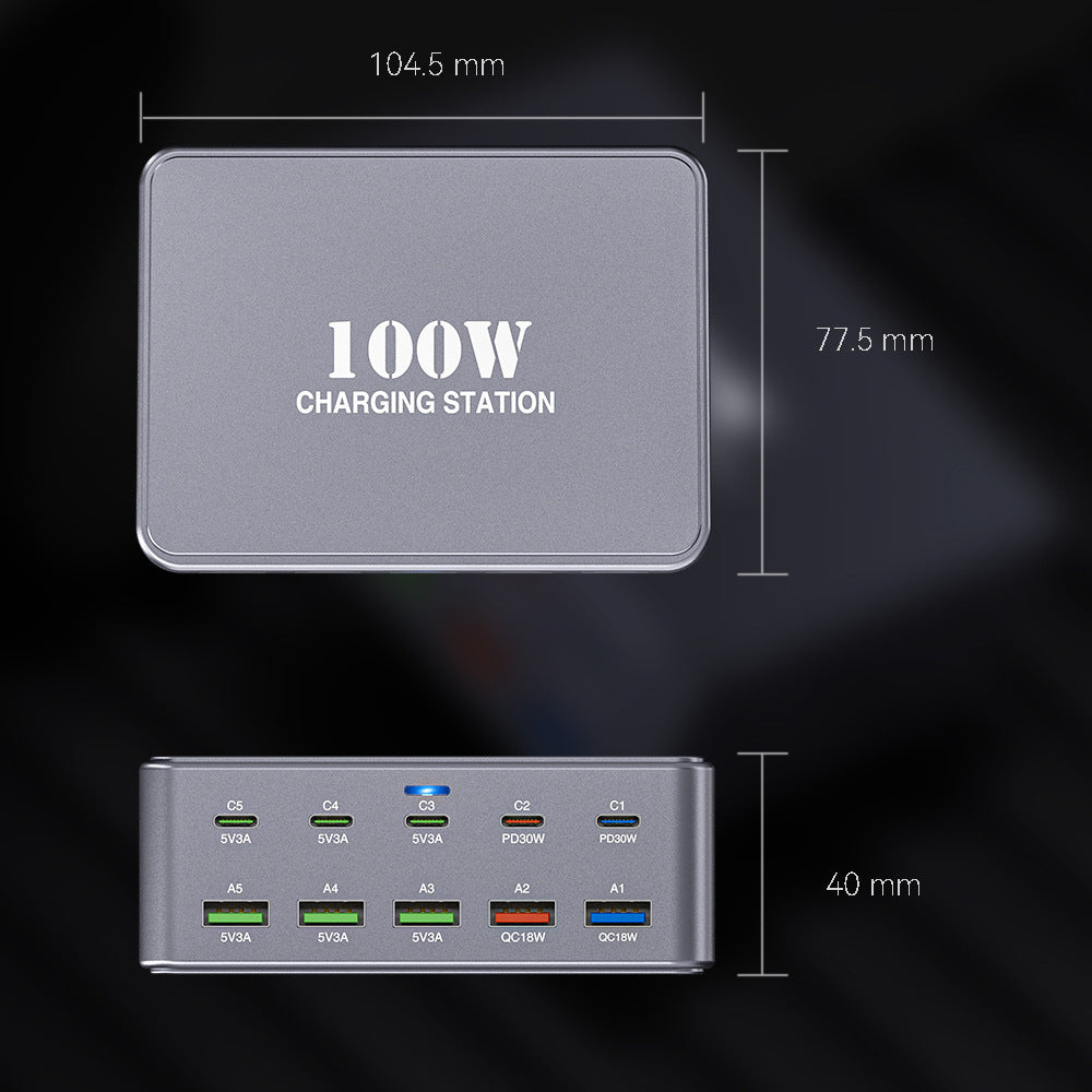 HW33 Multi-Port PD 100W Hurtigopladningsblok USB-C Opladningsstation til Telefoner/Bærbare Computere Rejse/Kontor