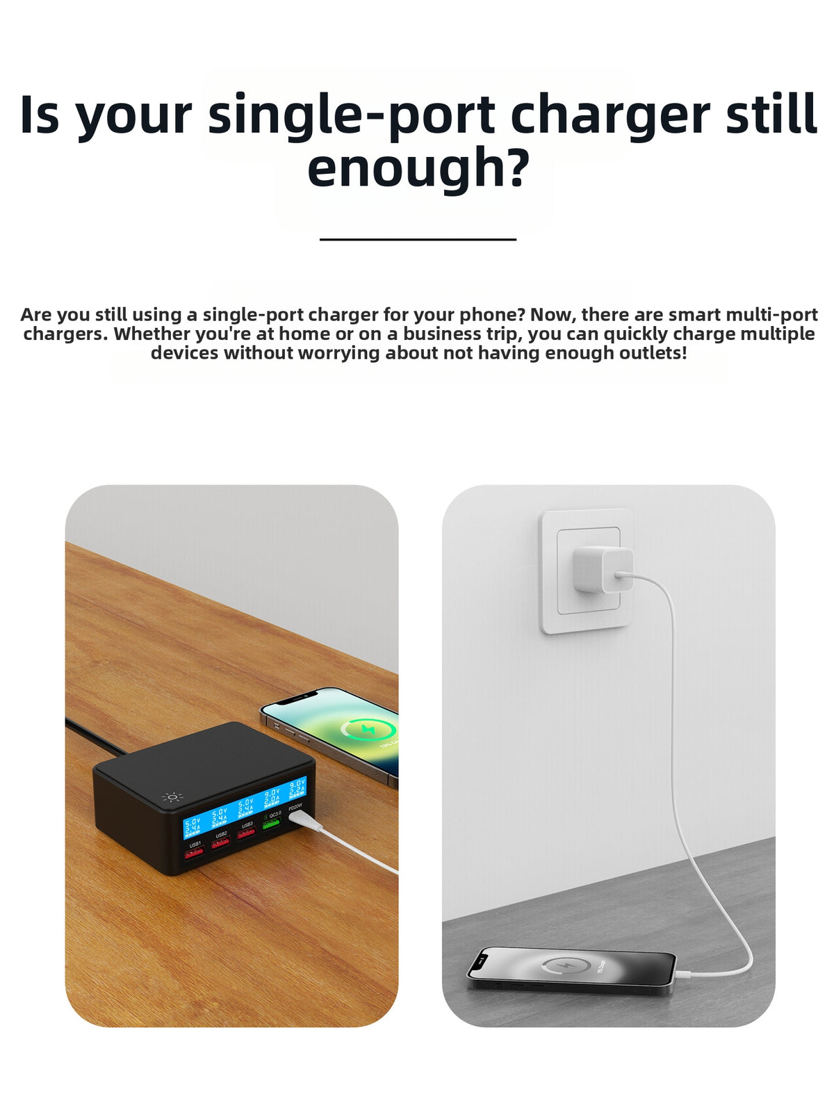 65W USB Charger LCD Display PD 20W QC3.0 Fast Charging Multi-Port Power Adapter for iPhone / iPad / MacBook