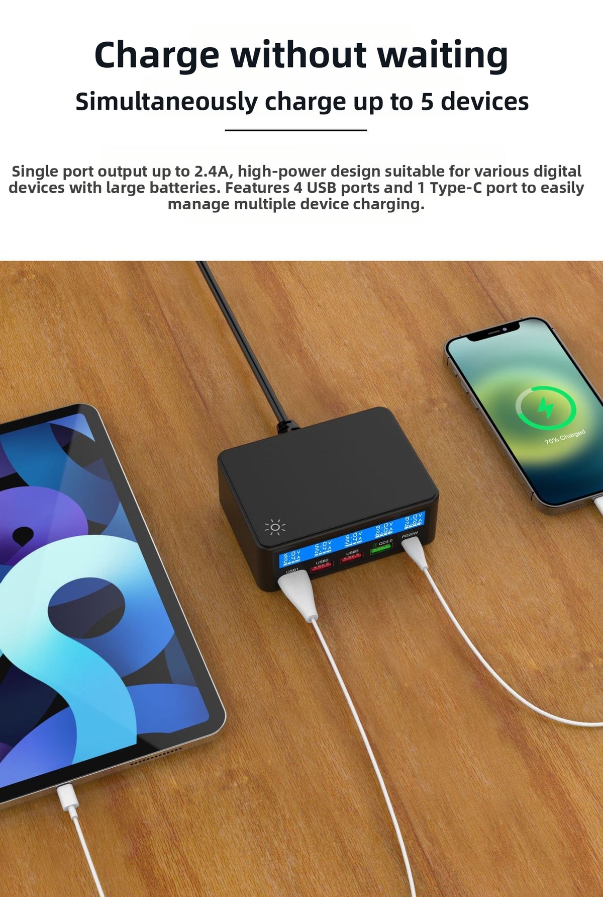 65W USB Charger LCD Display PD 20W QC3.0 Fast Charging Multi-Port Power Adapter for iPhone / iPad / MacBook