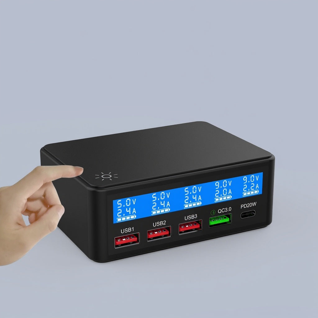 65W USB Charger LCD Display PD 20W QC3.0 Fast Charging Multi-Port Power Adapter for iPhone / iPad / MacBook