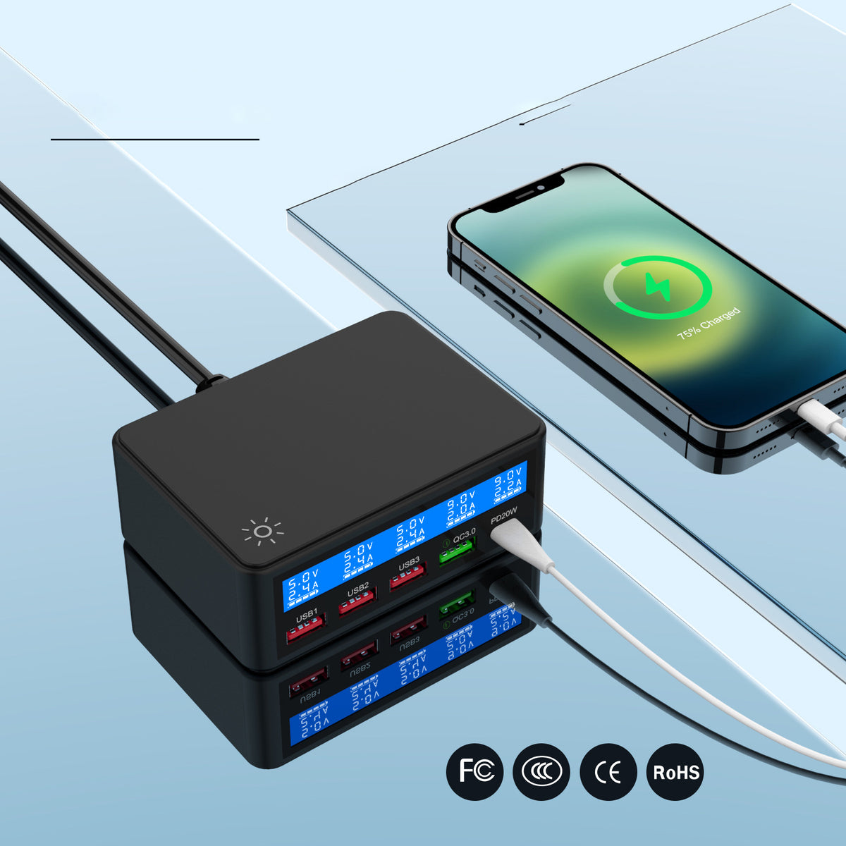 65W USB Charger LCD Display PD 20W QC3.0 Fast Charging Multi-Port Power Adapter for iPhone / iPad / MacBook