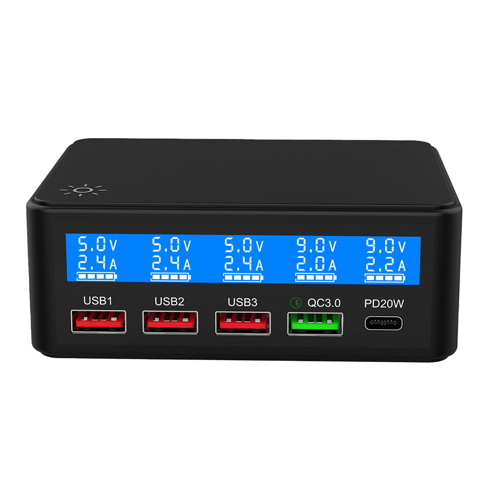 65W USB Charger LCD Display PD 20W QC3.0 Fast Charging Multi-Port Power Adapter for iPhone / iPad / MacBook