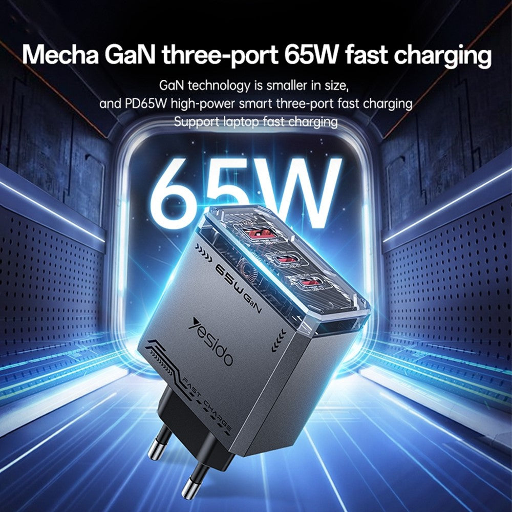 YESIDO YC101 65W GaN-oplader USB A + 2 USB C Transparent Mech Hurtigopladningsadapter