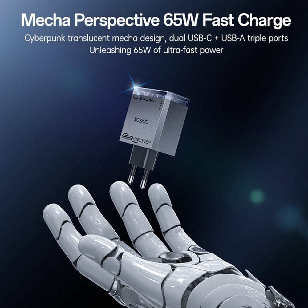 YESIDO YC101 65W GaN-oplader USB A + 2 USB C Transparent Mech Hurtigopladningsadapter