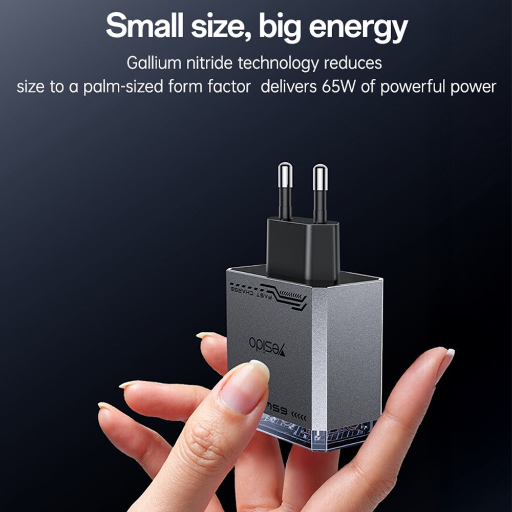 YESIDO YC101 65W GaN-oplader USB A + 2 USB C Transparent Mech Hurtigopladningsadapter