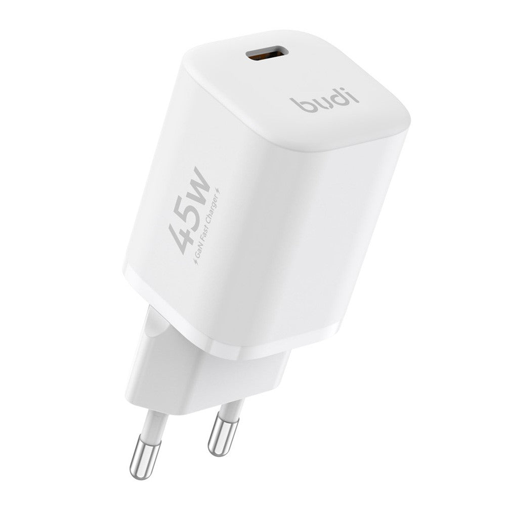 BUDI AC020EW 45W Opladeradapter Enkel USB-C Port GaN Hurtig Opladning Vægoplader Kompakt Design, EU Stik
