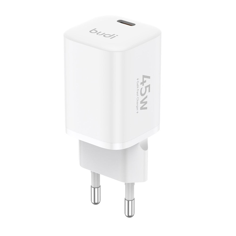 BUDI AC020EW 45W Opladeradapter Enkel USB-C Port GaN Hurtig Opladning Vægoplader Kompakt Design, EU Stik