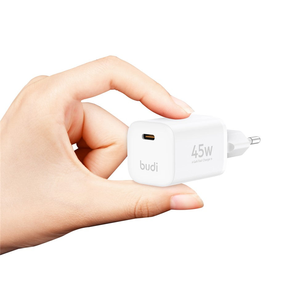 BUDI AC020EW 45W Opladeradapter Enkel USB-C Port GaN Hurtig Opladning Vægoplader Kompakt Design, EU Stik