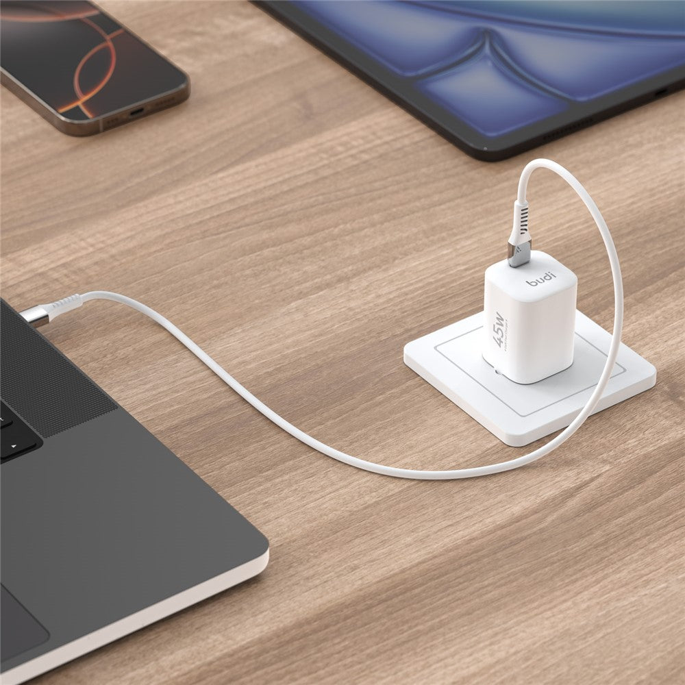 BUDI AC020EW 45W Opladeradapter Enkel USB-C Port GaN Hurtig Opladning Vægoplader Kompakt Design, EU Stik