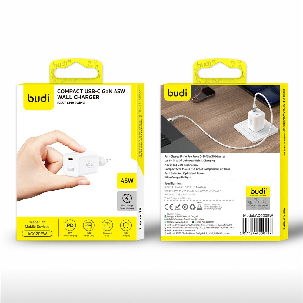 BUDI AC020EW 45W Opladeradapter Enkel USB-C Port GaN Hurtig Opladning Vægoplader Kompakt Design, EU Stik