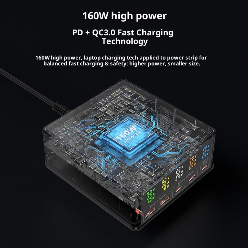 868H USB Charger Station Multi Port Desktop PD 160W Fast Charging Hub Wall Block with LCD Display