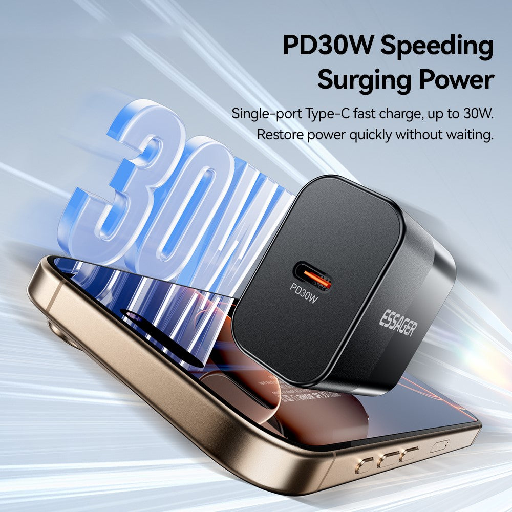 ESSAGER ABS PD 30W Vægoplader USB-C Hurtigopladning Mobiltelefonadapter Sikker Effektiv Oplader