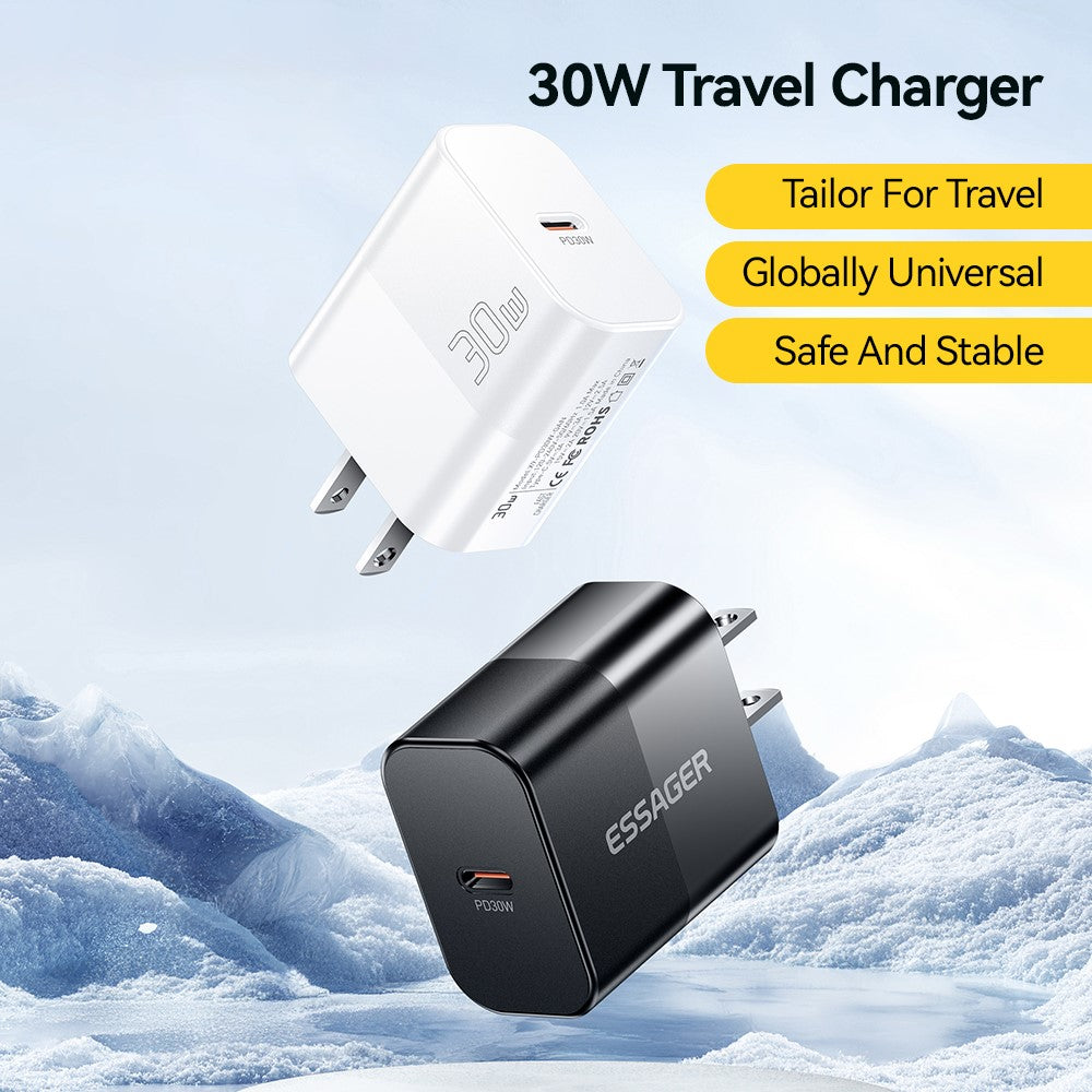 ESSAGER ABS PD 30W Vægoplader USB-C Hurtigopladning Mobiltelefonadapter Sikker Effektiv Oplader