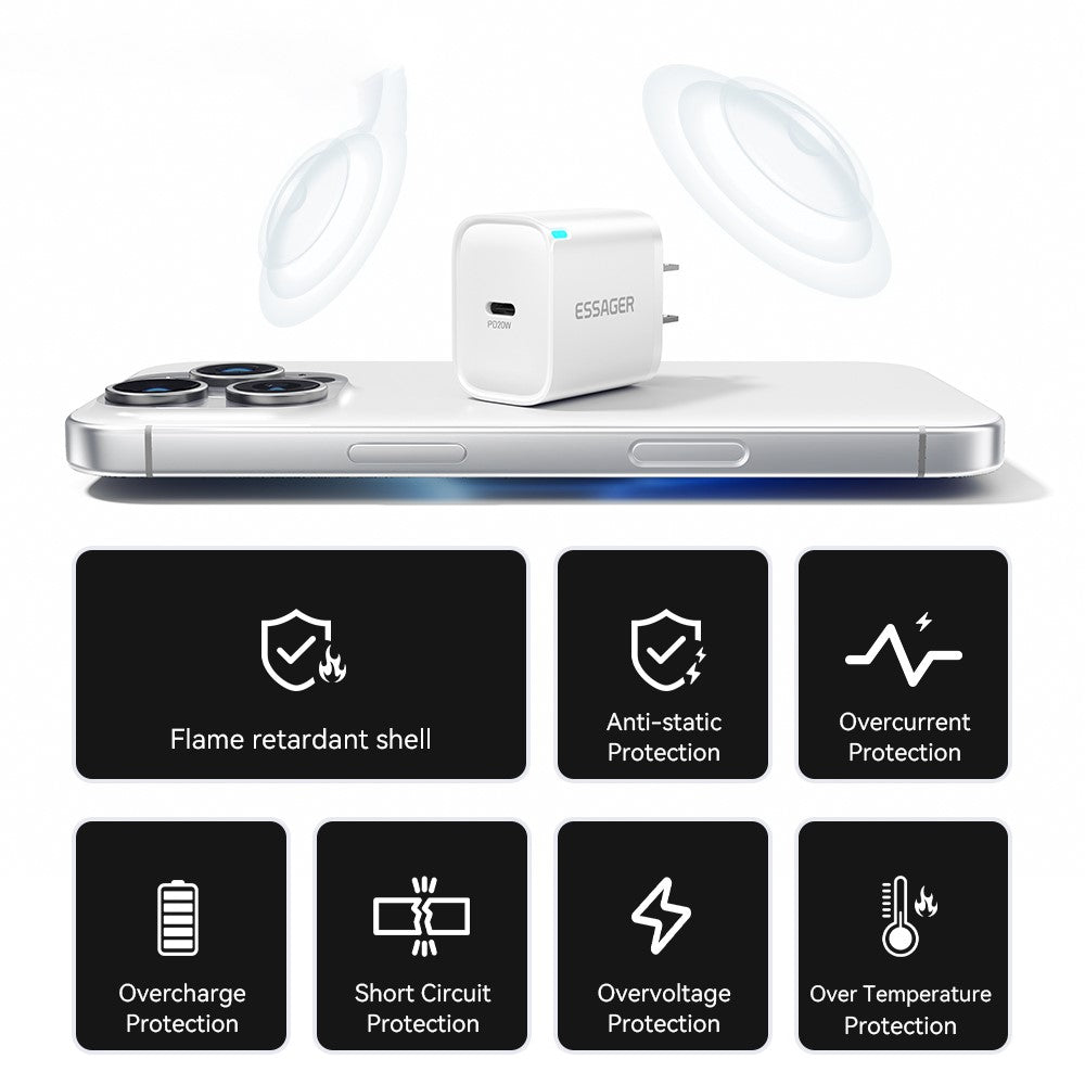 ESSAGER Max 20W USB-C hurtigoplader PRO Chip-teknologi Strømadapter Mini Rejseopladerstik