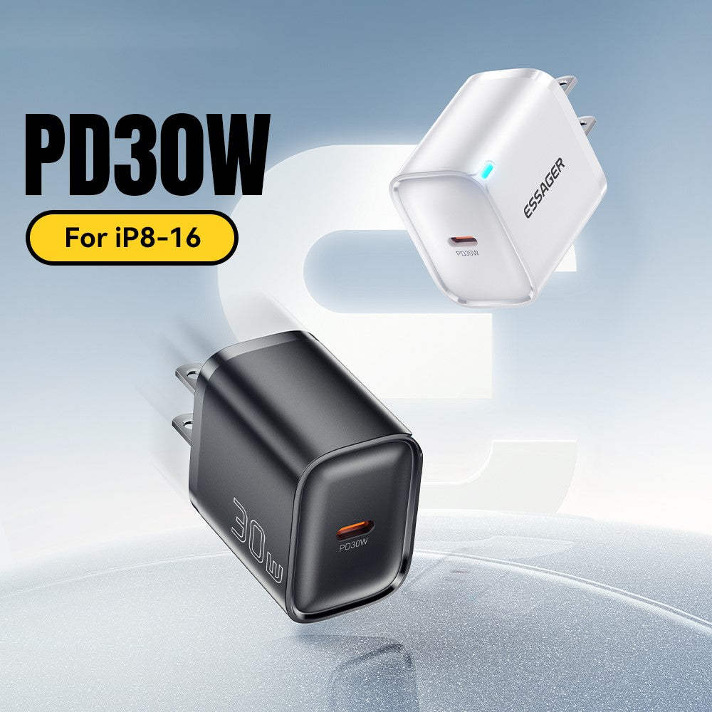 ESSAGER Max 30W USB-C Hurtigoplader PRO Chip Teknologi Strømadapter Mini Rejseopladningsstik