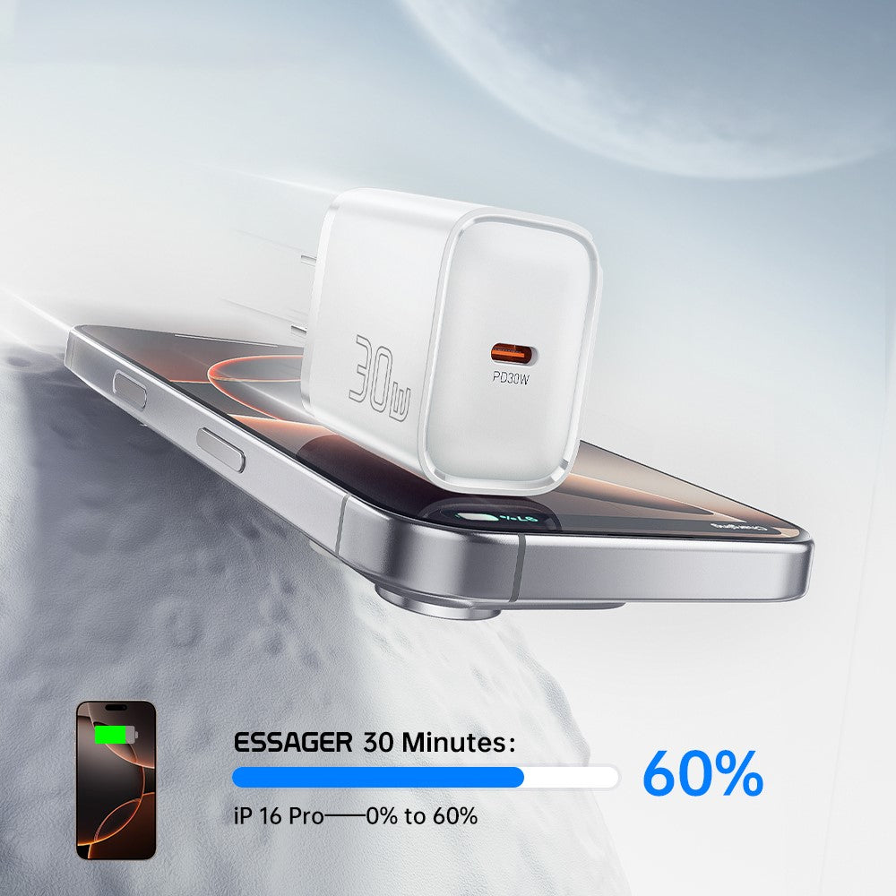 ESSAGER Max 30W USB-C Hurtigoplader PRO Chip Teknologi Strømadapter Mini Rejseopladningsstik