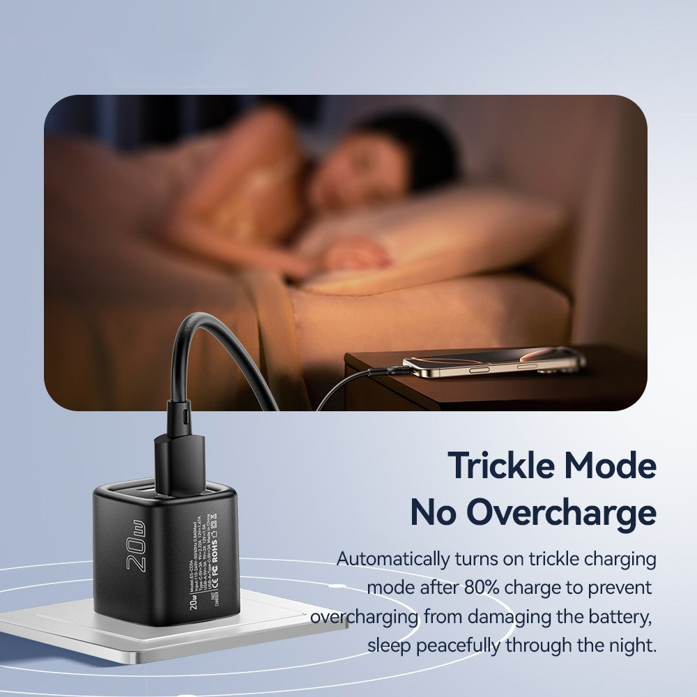 ESSAGER Max 20W Rejseoplader Dobbeltport USB A + Type C Hurtigopladning Smart Temperaturkontrol