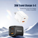 ESSAGER Max 20W Rejseoplader Dobbeltport USB A + Type C Hurtigopladning Smart Temperaturkontrol