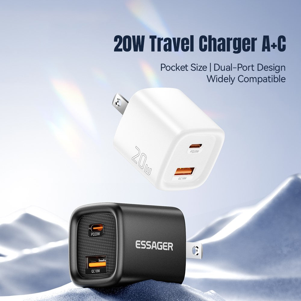 ESSAGER Max 20W Rejseoplader Dobbeltport USB A + Type C Hurtigopladning Smart Temperaturkontrol