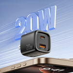 ESSAGER Max 20W Rejseoplader Dobbeltport USB A + Type C Hurtigopladning Smart Temperaturkontrol