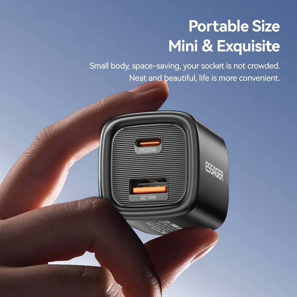 ESSAGER Max 20W Rejseoplader Dobbeltport USB A + Type C Hurtigopladning Smart Temperaturkontrol
