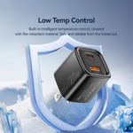 ESSAGER Max 20W Rejseoplader Dobbeltport USB A + Type C Hurtigopladning Smart Temperaturkontrol