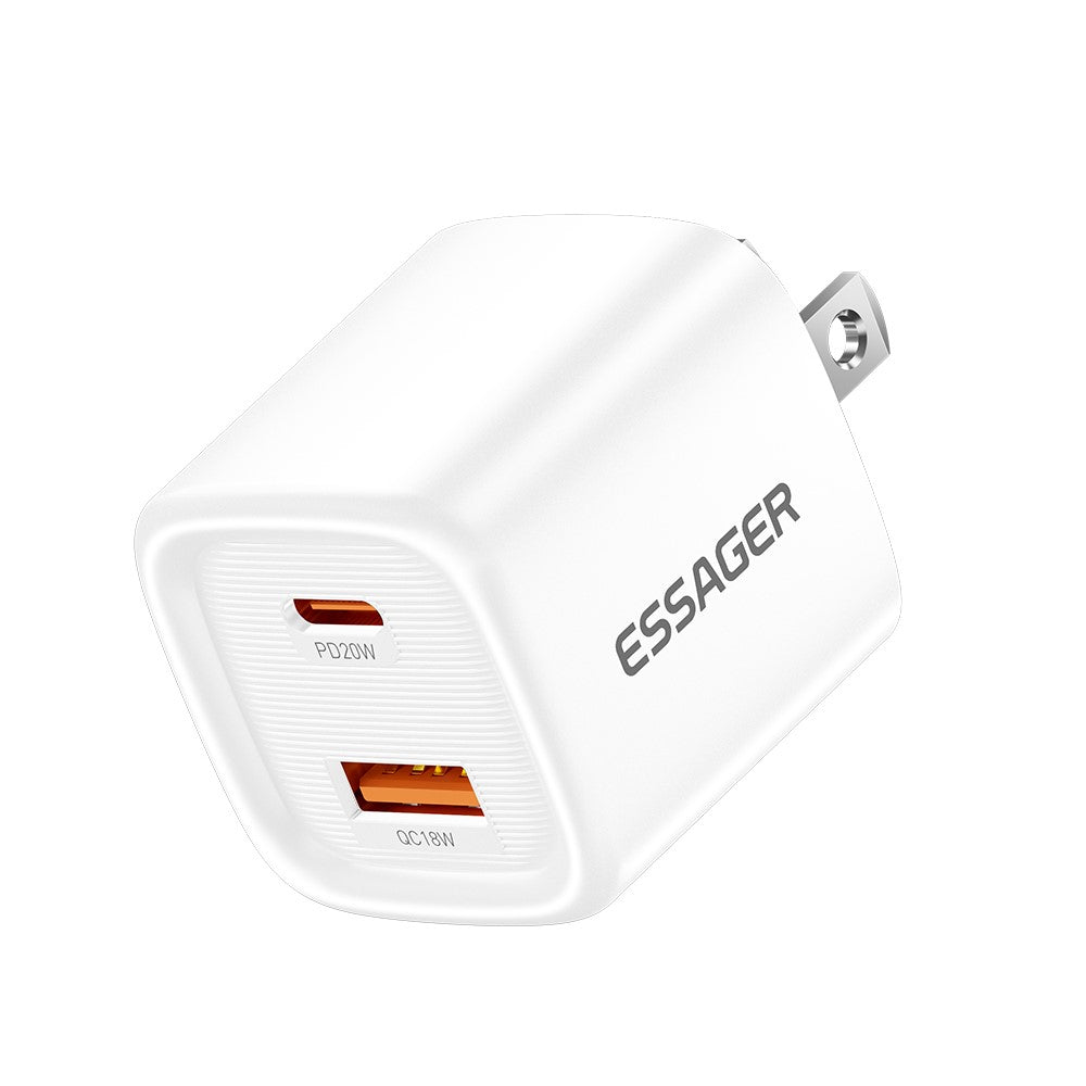 ESSAGER Max 20W Rejseoplader Dobbeltport USB A + Type C Hurtigopladning Smart Temperaturkontrol