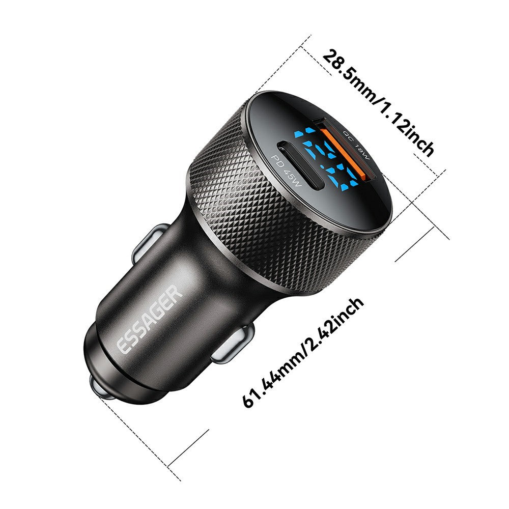 ESSAGER PD 45W Biloplader i aluminiumslegering USB-A / Type-C Dobbeltport PD3.0 / QC3.0 Hurtigopladningsadapter
