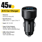 ESSAGER PD 45W Biloplader i aluminiumslegering USB-A / Type-C Dobbeltport PD3.0 / QC3.0 Hurtigopladningsadapter