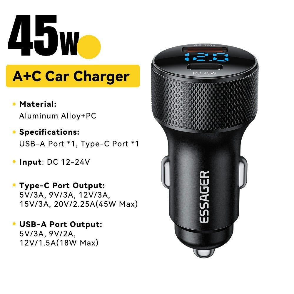 ESSAGER PD 45W Biloplader i aluminiumslegering USB-A / Type-C Dobbeltport PD3.0 / QC3.0 Hurtigopladningsadapter