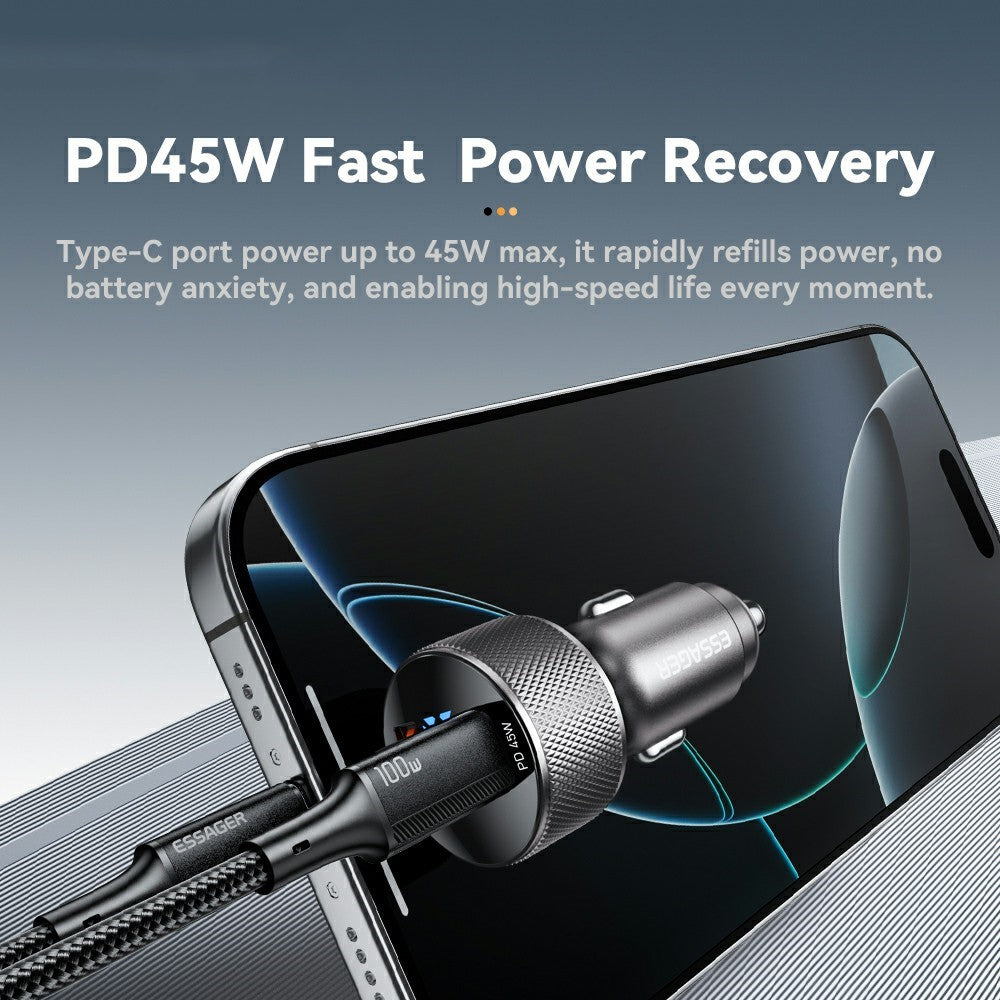 ESSAGER PD 45W Biloplader i aluminiumslegering USB-A / Type-C Dobbeltport PD3.0 / QC3.0 Hurtigopladningsadapter