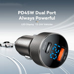 ESSAGER PD 45W Biloplader i aluminiumslegering USB-A / Type-C Dobbeltport PD3.0 / QC3.0 Hurtigopladningsadapter