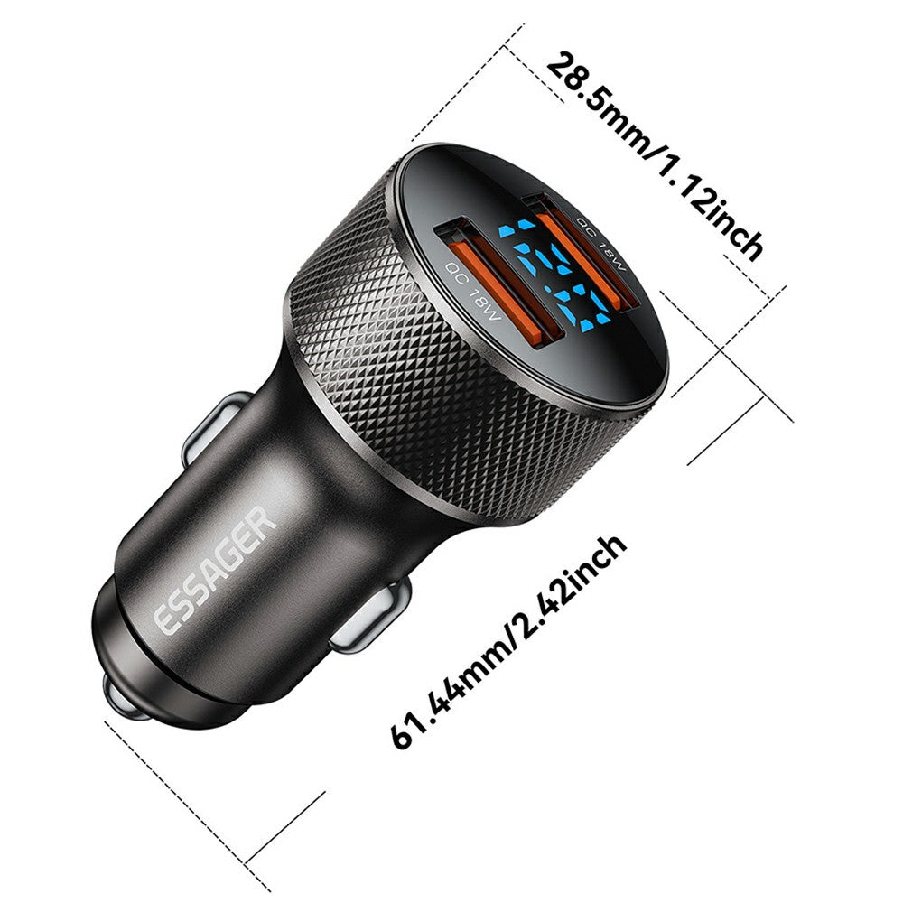 ESSAGER PD 36W Aluminum Alloy Fast Charging Car Charger Dual QC3.0 Digital Display Power Adapter